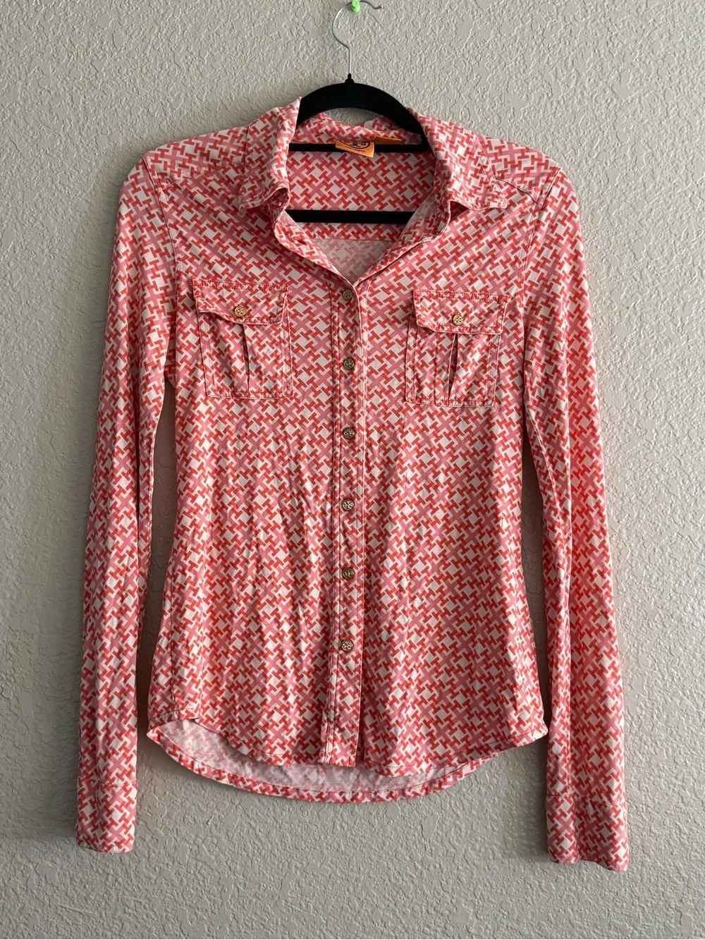 Tory Burch Silk Chain Link Geometric Button Down Blouse Coral Small Pink Career